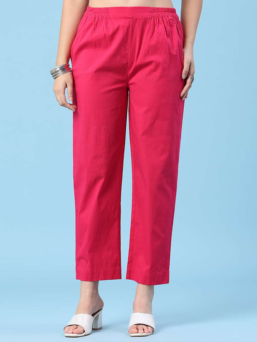 women solid mid rise straight trouser