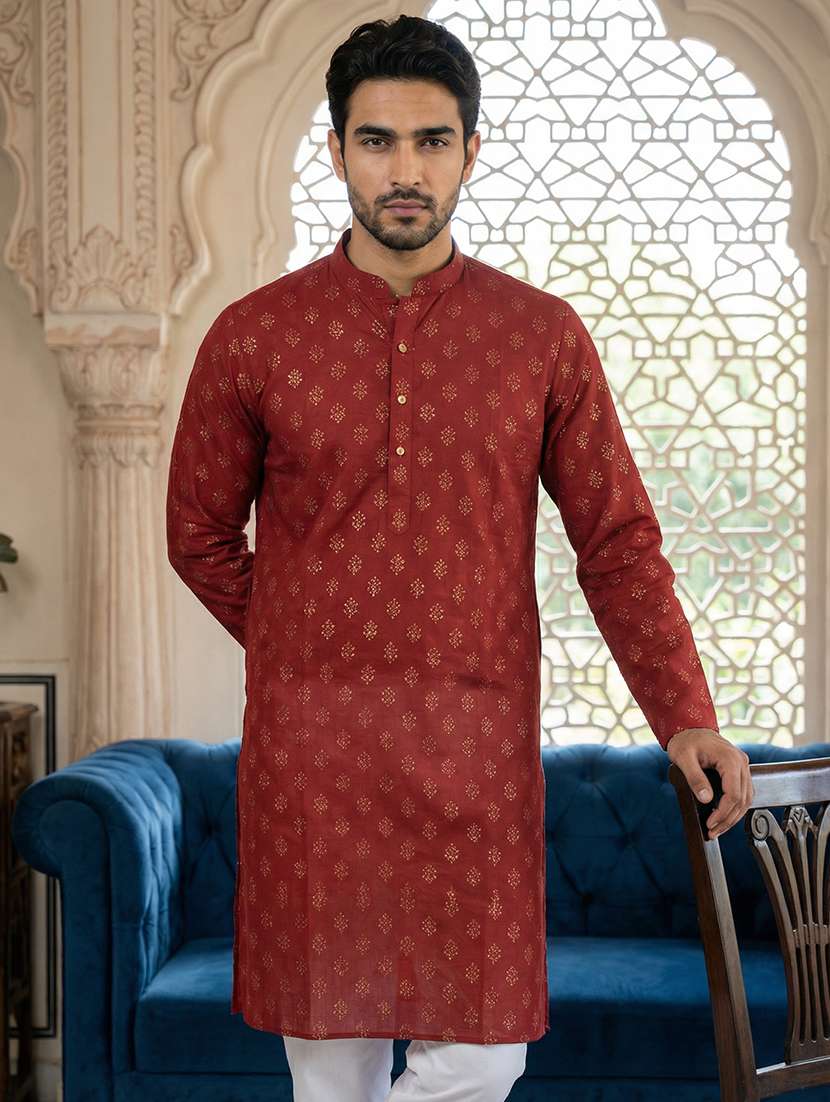 mens maroon cotton blend kurta pyjama ethnic wear set - 22457146 -  Standard Image - 1