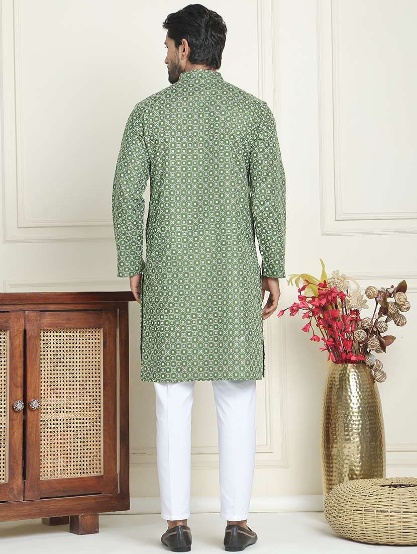 men olive cotton blend kurta pyjama ethnic wear set - 22457161 -  Standard Image - 4