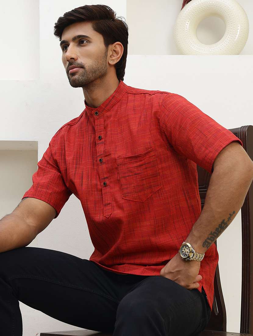 men self design mandarin neck short kurta - 22457339 -  Standard Image - 1