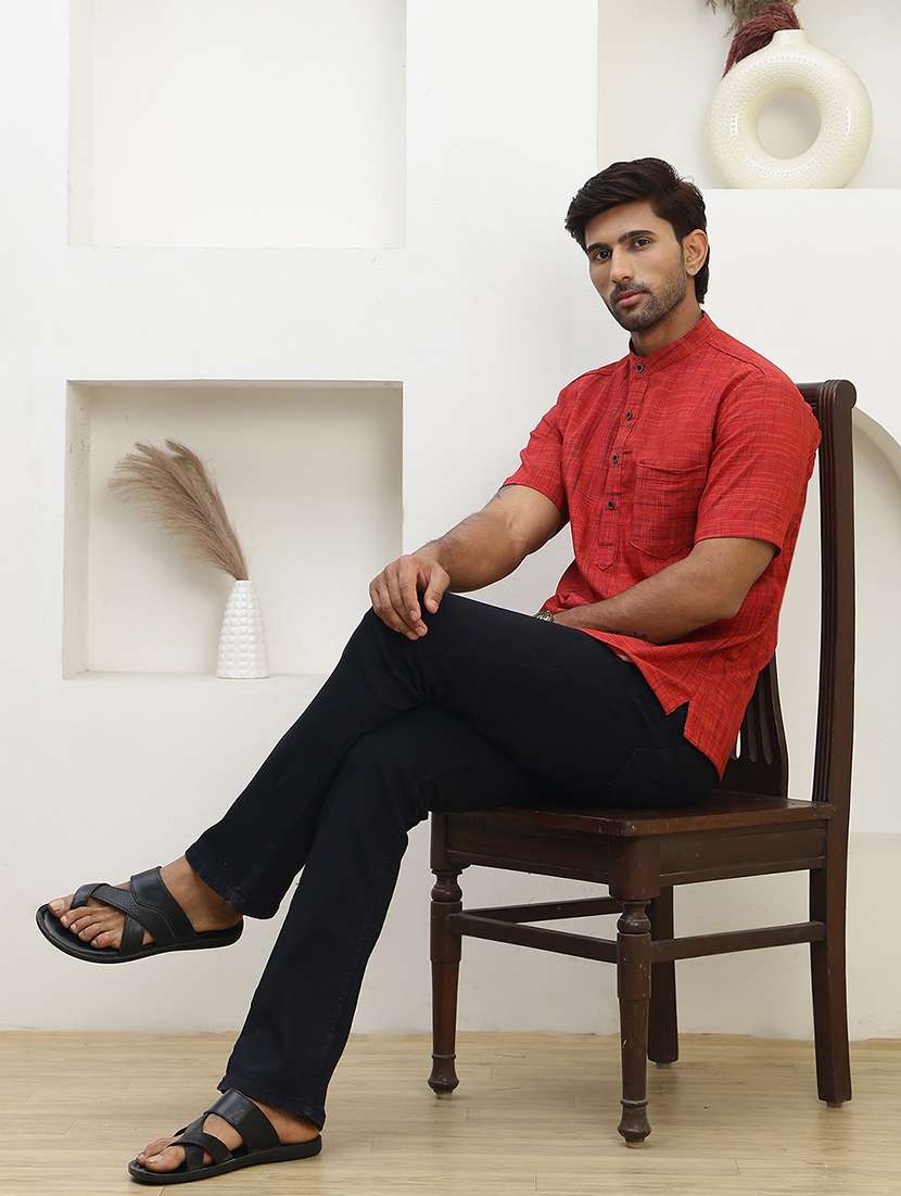 men self design mandarin neck short kurta - 22457339 -  Standard Image - 4