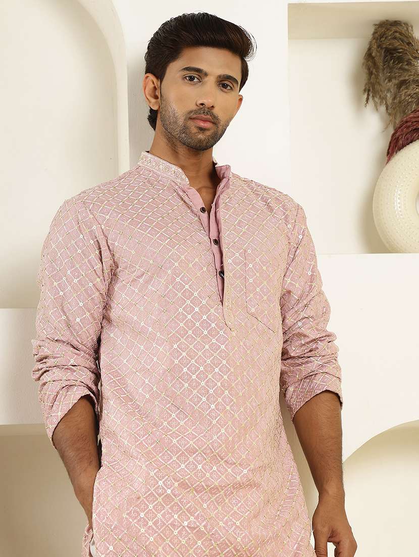 men solid with work mandarin neck long kurta - 22457340 -  Standard Image - 1