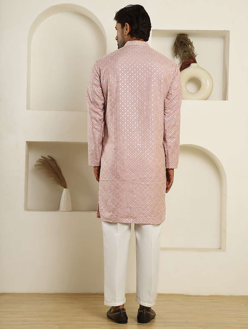 men solid with work mandarin neck long kurta - 22457340 -  Standard Image - 4