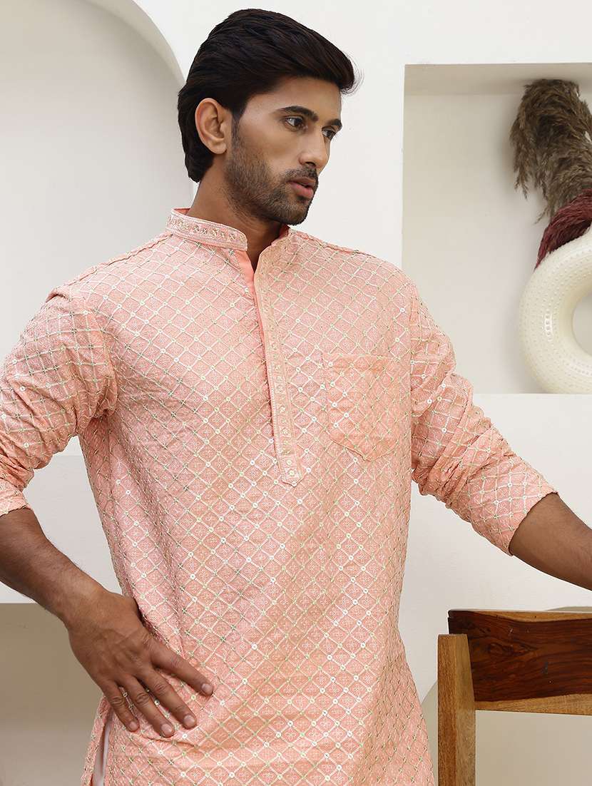 men solid with work mandarin neck long kurta - 22457343 -  Standard Image - 1