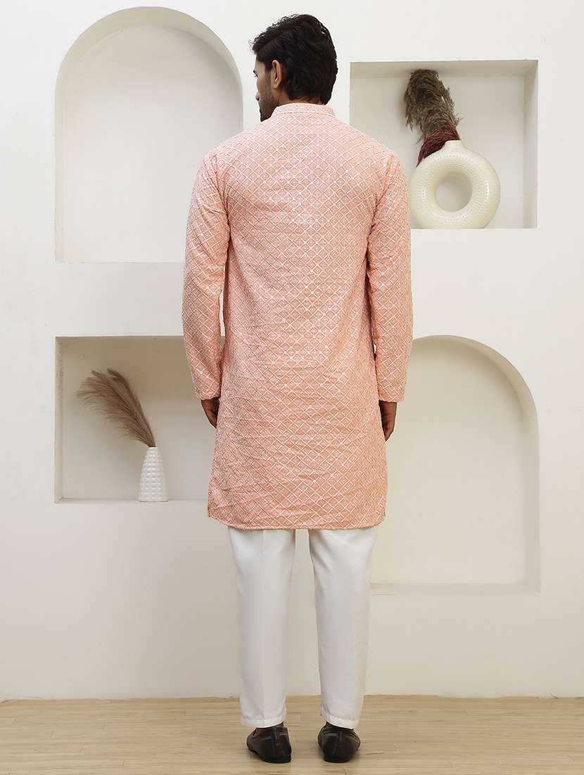 men solid with work mandarin neck long kurta - 22457343 -  Standard Image - 4
