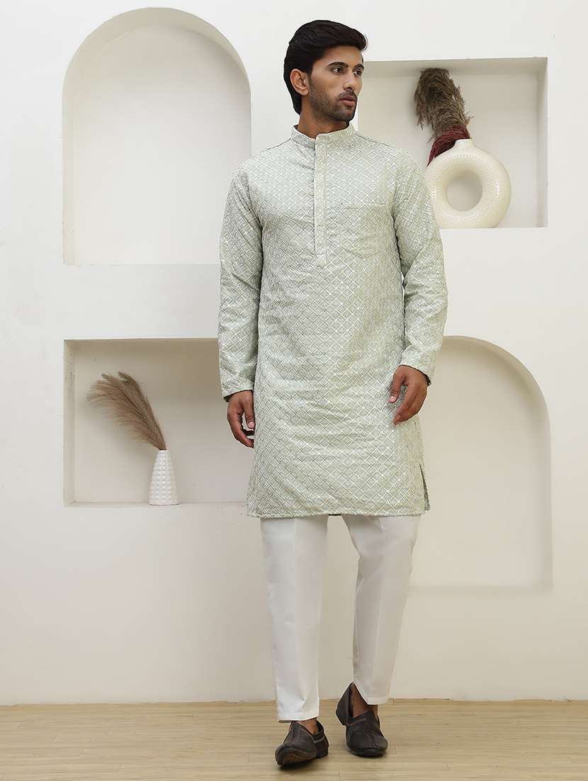 men solid with work mandarin neck long kurta