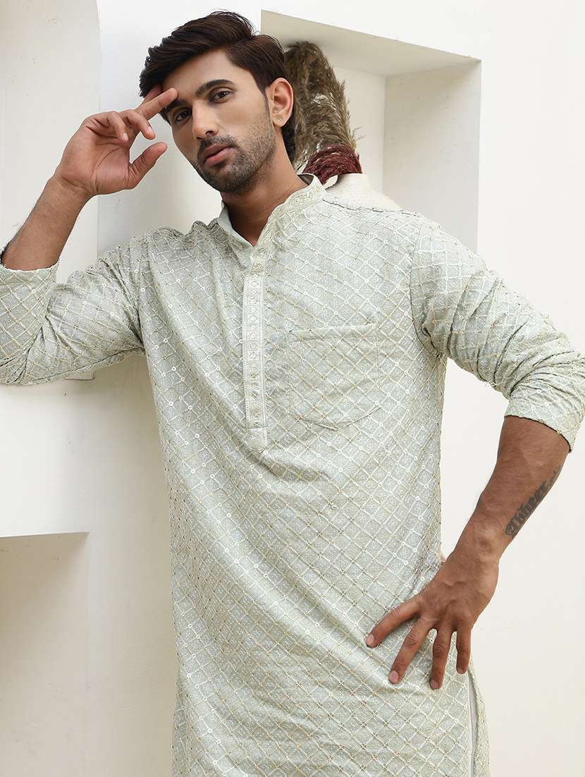 men solid with work mandarin neck long kurta - 22457345 -  Standard Image - 1