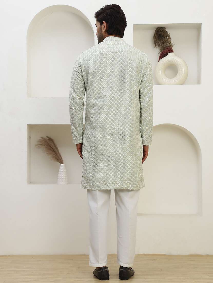 men solid with work mandarin neck long kurta - 22457345 -  Standard Image - 4