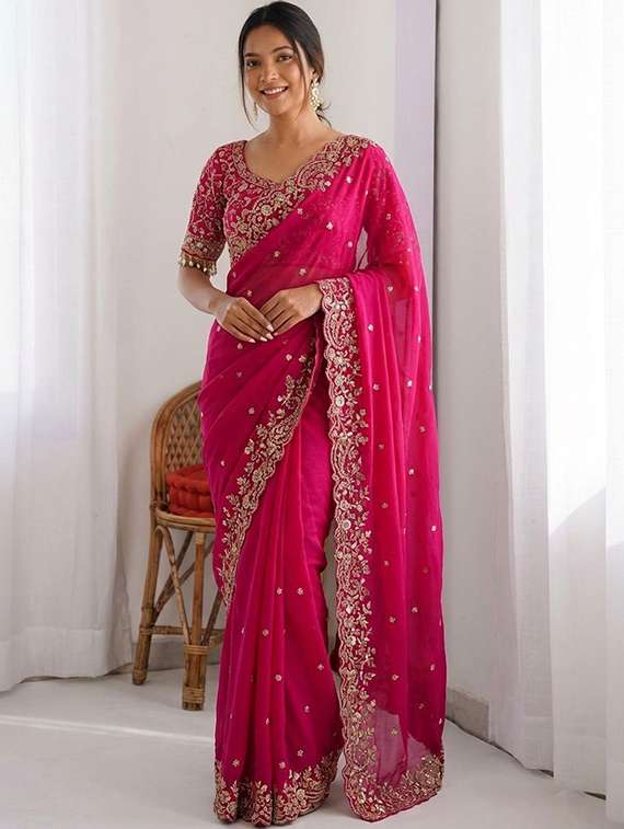 women solid with work embellished saree with blouse - 22457352 -  Standard Image - 1