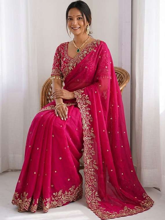 women solid with work embellished saree with blouse - 22457352 -  Standard Image - 4