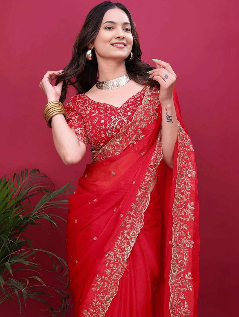 women solid with work embellished saree with blouse - 22457356 -  Standard Image - 1