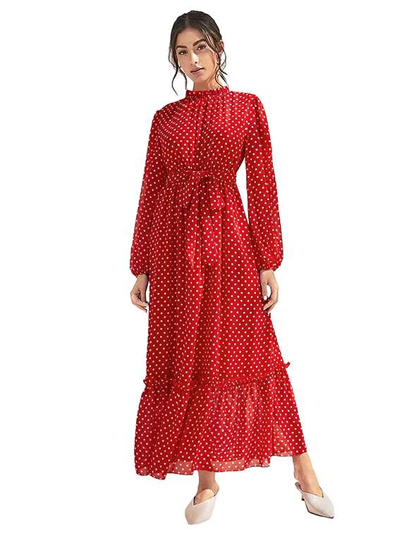 women polka dot long sleeve tiered dress