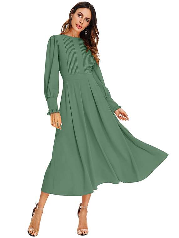women solid long sleeve fit & flare dress