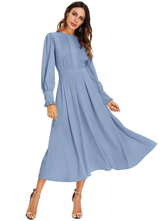 women solid long sleeve fit & flare dress