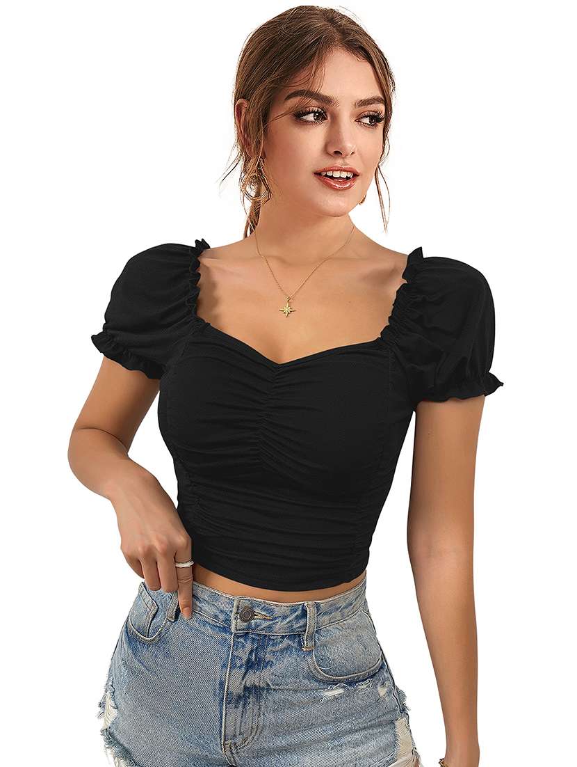 women solid puff sleeve crop top - 22457369 -  Standard Image - 1