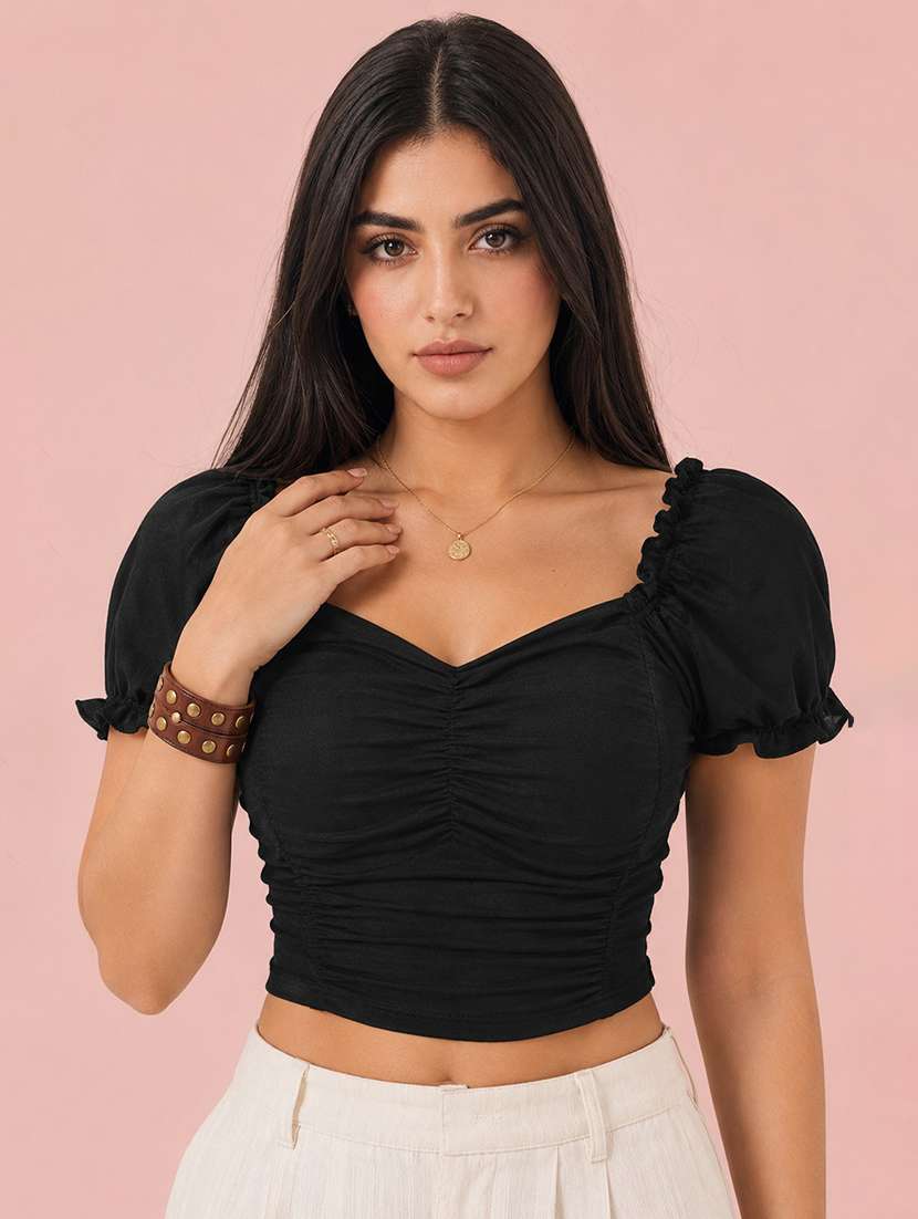 women solid puff sleeve crop top - 22457369 -  Standard Image - 1