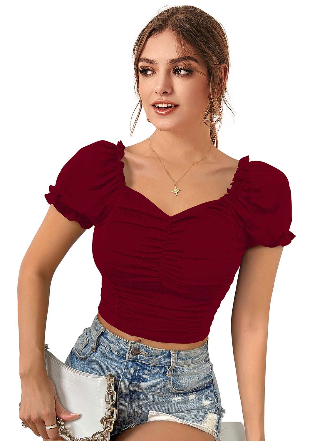 women solid puff sleeve crop top