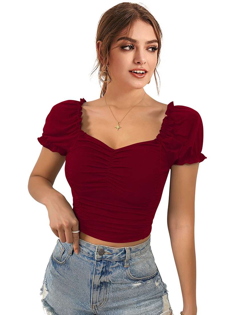 women solid puff sleeve crop top - 22457370 -  Standard Image - 1