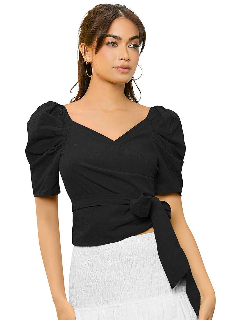 women solid puff sleeve crop top - 22457375 -  Standard Image - 1
