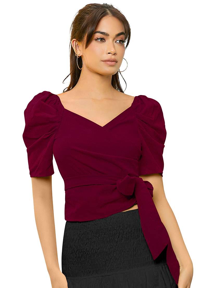 women solid puff sleeve crop top - 22457376 -  Standard Image - 1