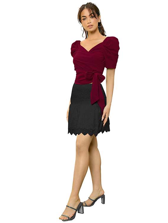 women solid puff sleeve crop top - 22457376 -  Standard Image - 4