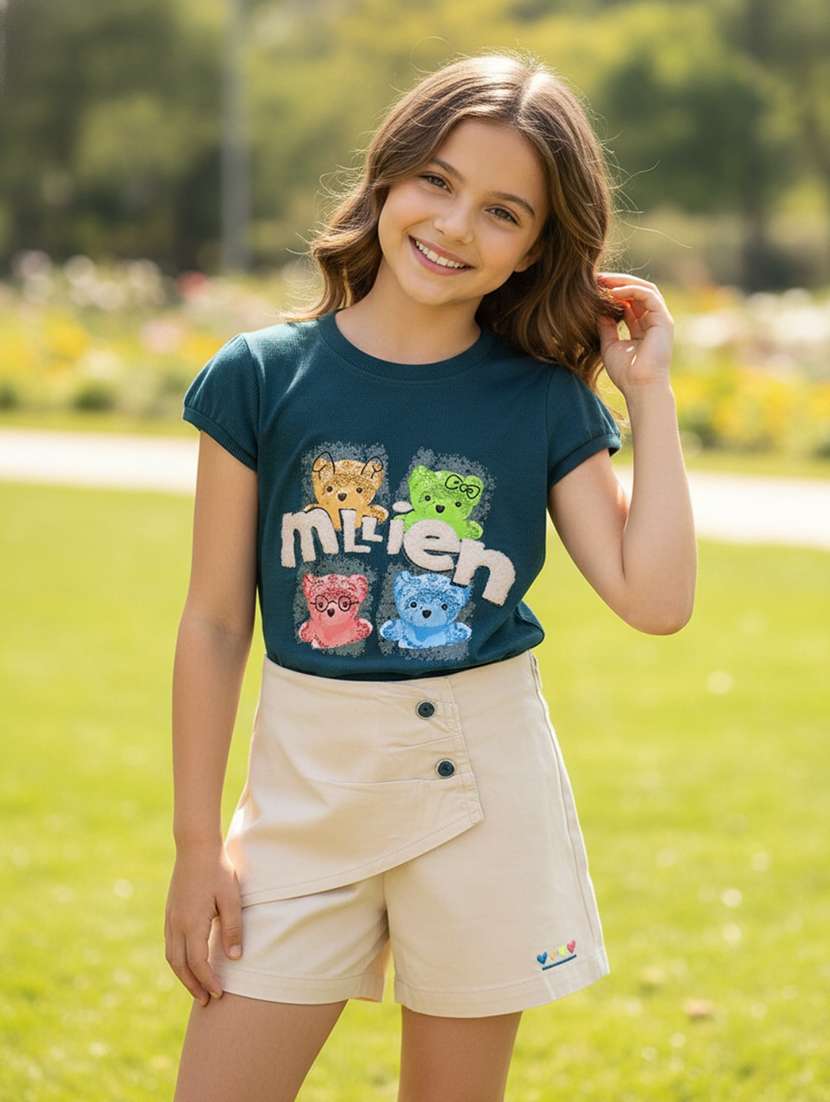 girls printed round neck top and shorts set