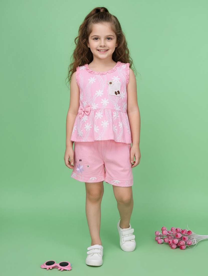 girls embroidered round neck top and shorts co-ord set