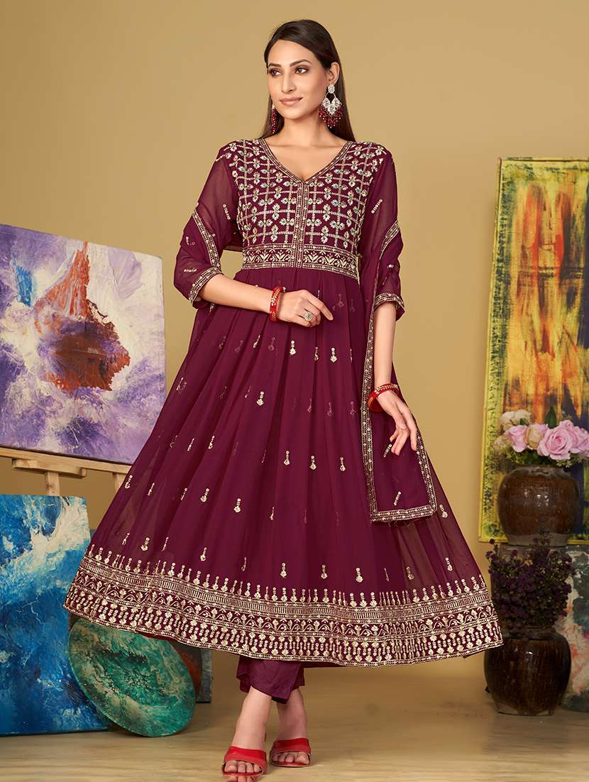 Women Solid With Work Unstitched Suit - 22459981 -  Standard Image - 1