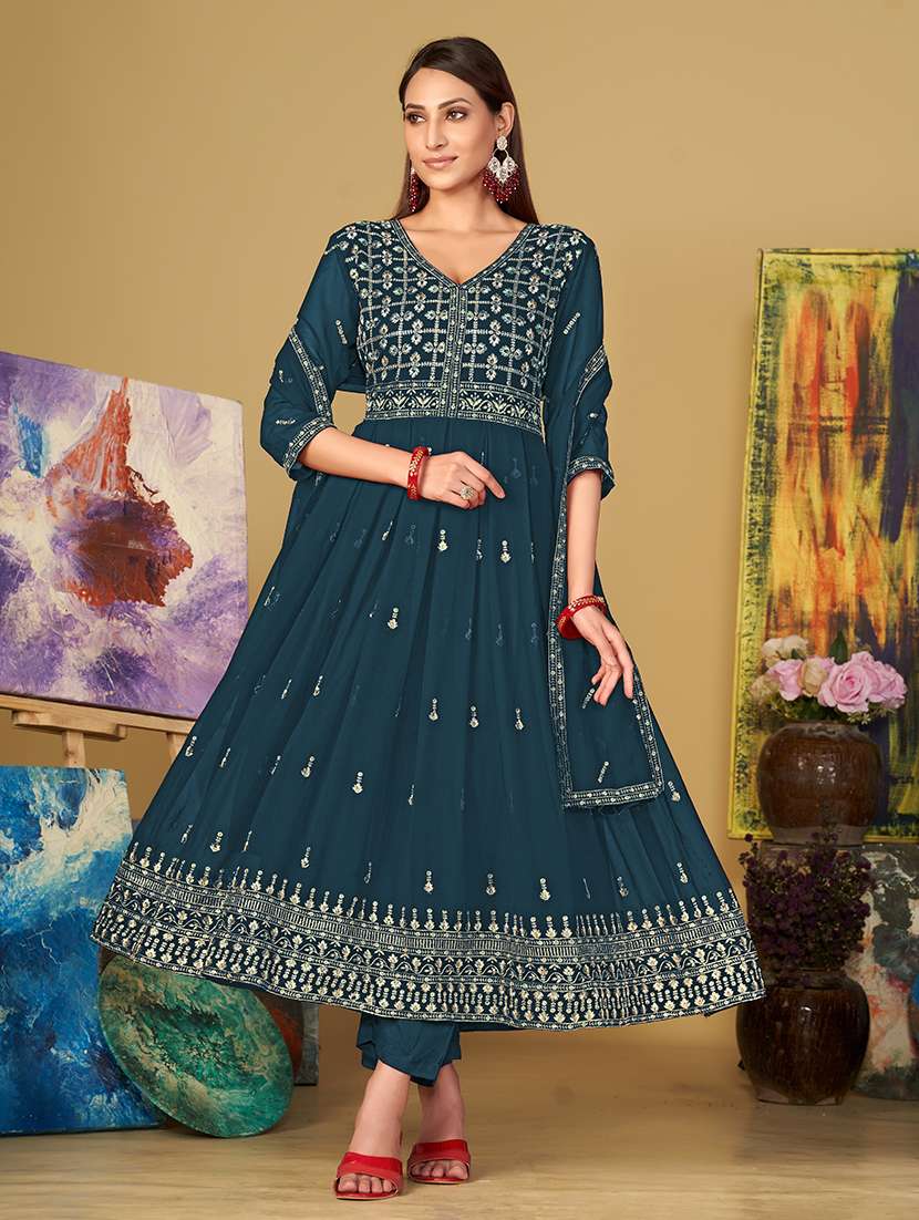 Women Solid With Work Unstitched Suit - 22459983 -  Standard Image - 1