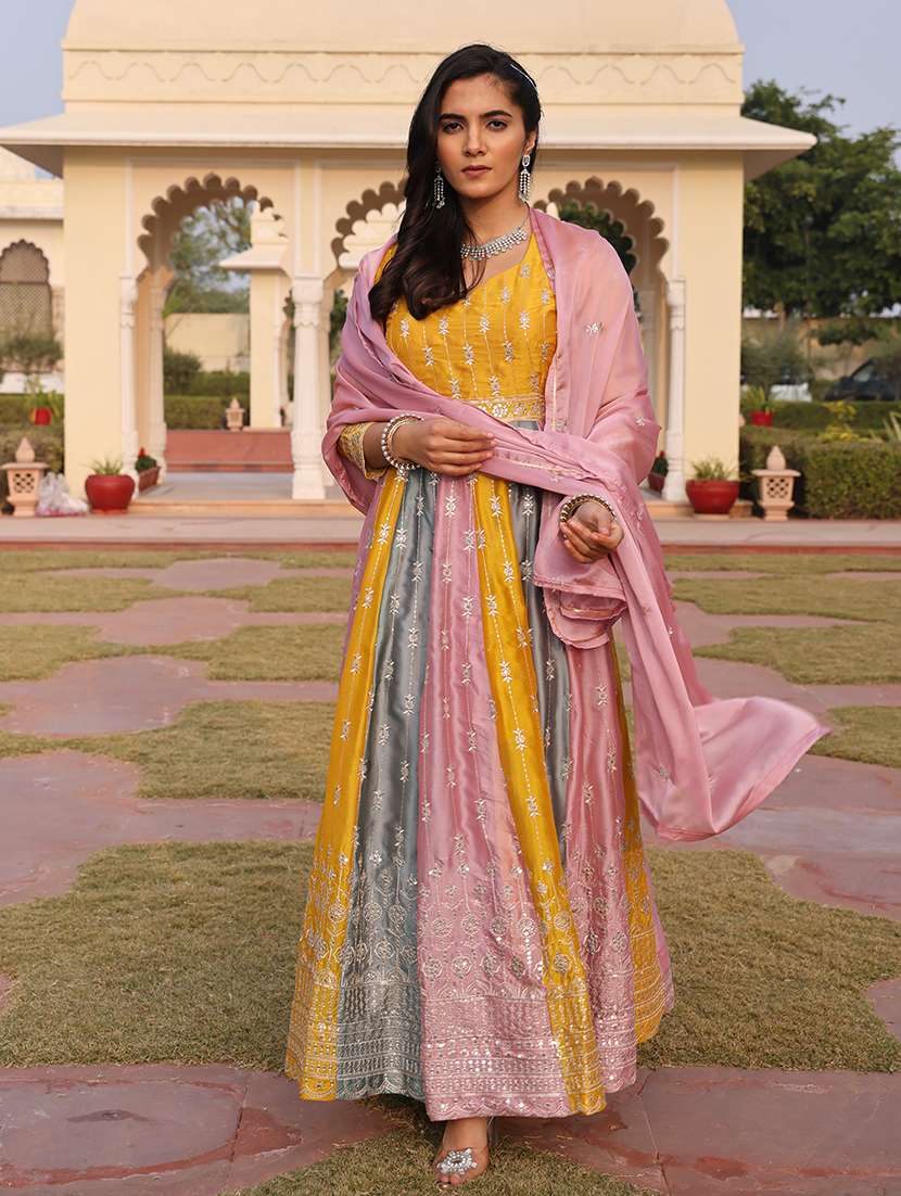 Women Solid With Work Unstitched Suit - 22459993 -  Standard Image - 1