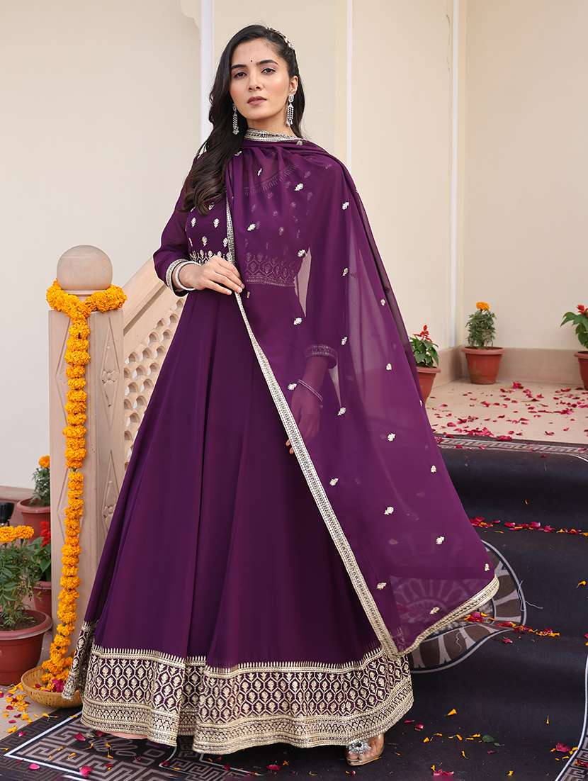 Women Solid With Work Unstitched Suit - 22459995 -  Standard Image - 1