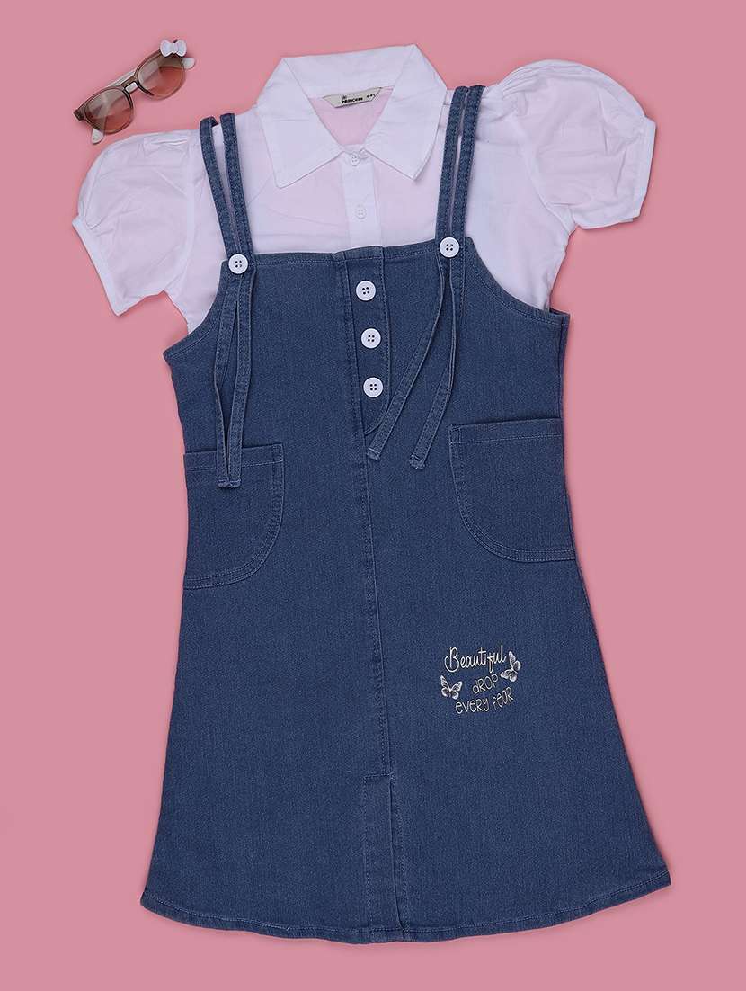 girls solid puff sleeves dungaree dress - 22460486 -  Standard Image - 1
