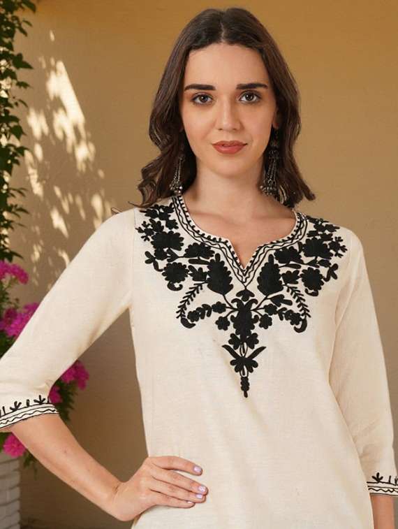 women embroidered three quarter sleeve straight kurti - 22460504 -  Standard Image - 1