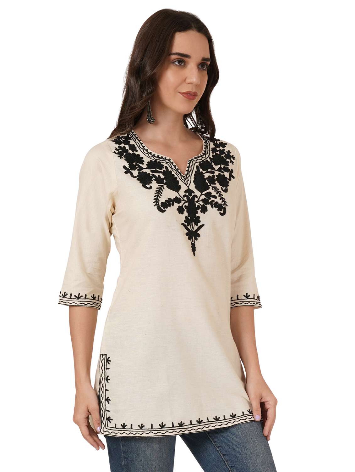 women embroidered three quarter sleeve straight kurti - 22460504 -  Standard Image - 4