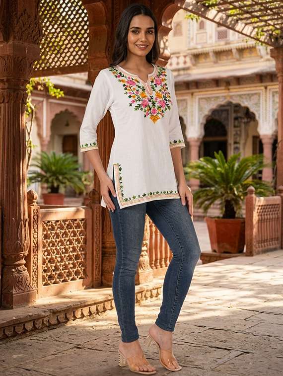women embroidered three quarter sleeve straight kurti - 22460506 -  Standard Image - 4