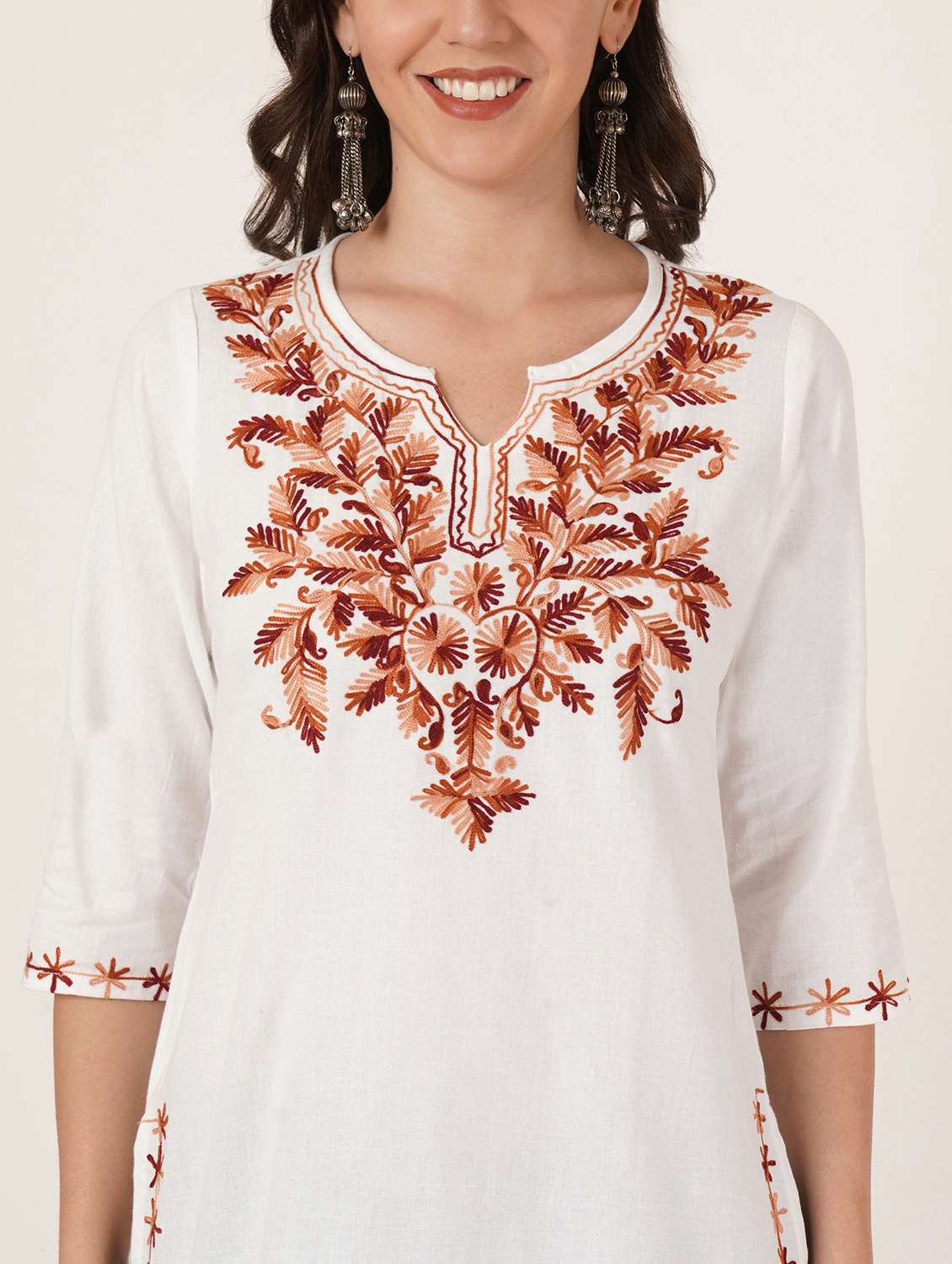 women embroidered three quarter sleeve straight kurti - 22460507 -  Standard Image - 1