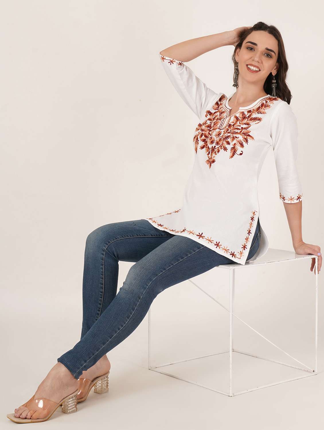 women embroidered three quarter sleeve straight kurti - 22460507 -  Standard Image - 4