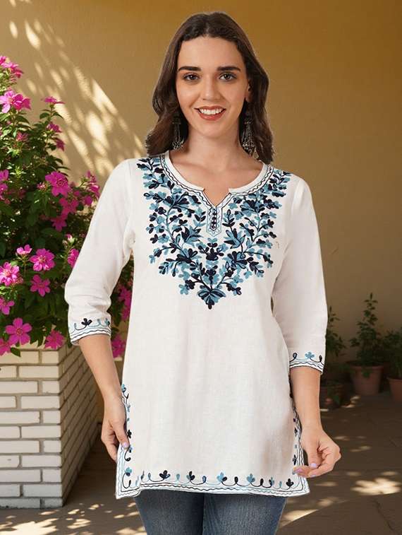 women embroidered three quarter sleeve straight kurti