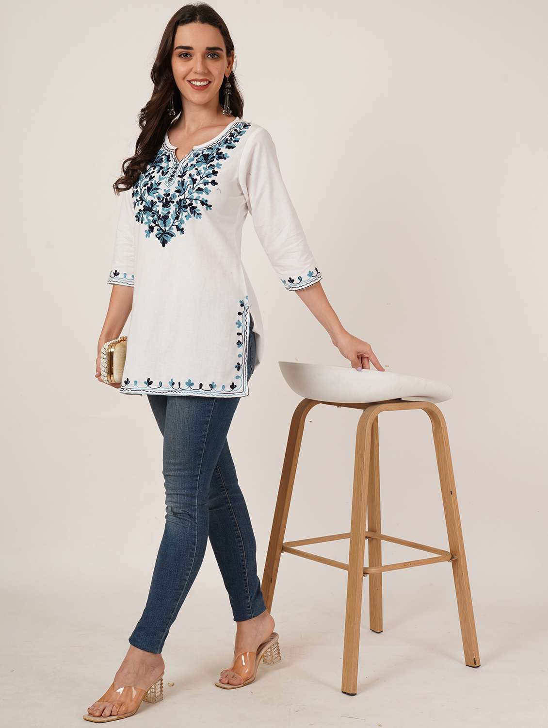 women embroidered three quarter sleeve straight kurti - 22460508 -  Standard Image - 4