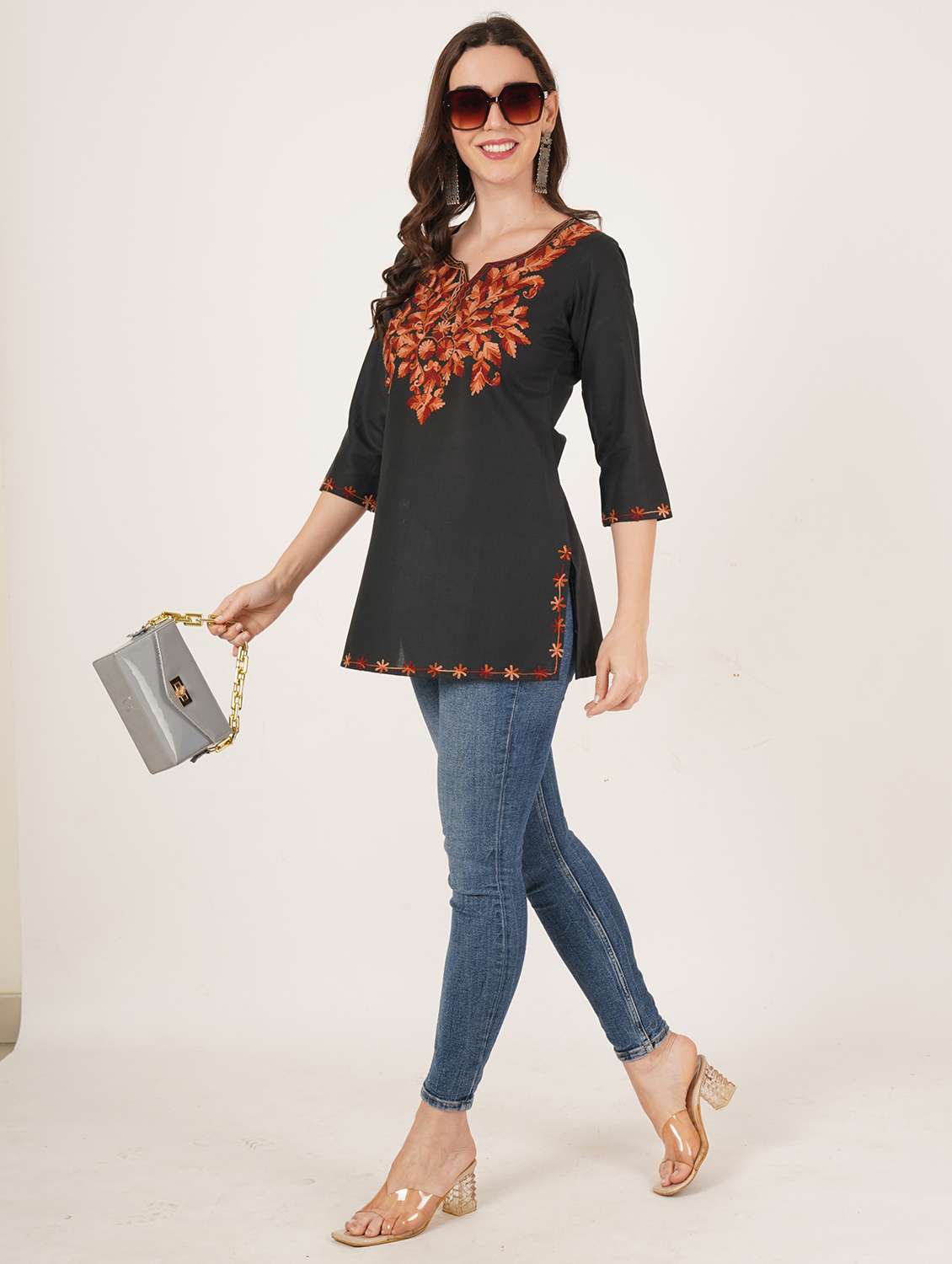 women embroidered three quarter sleeve straight kurti - 22460509 -  Standard Image - 4