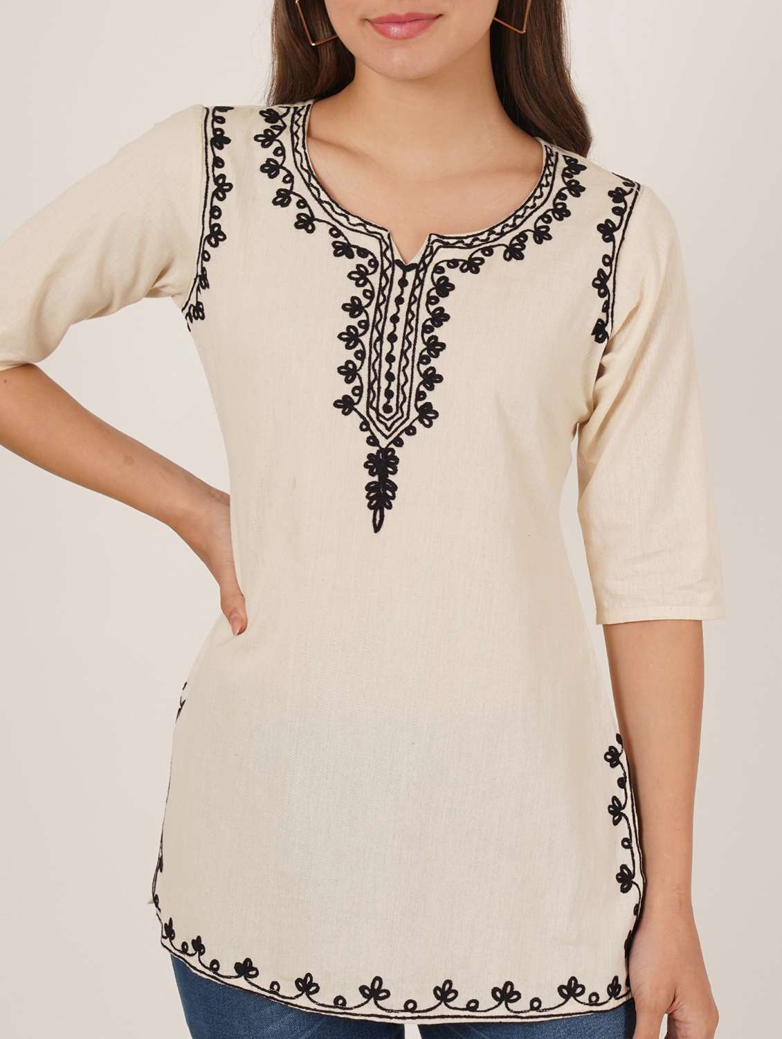 women embroidered three quarter sleeve straight kurti - 22460515 -  Standard Image - 1