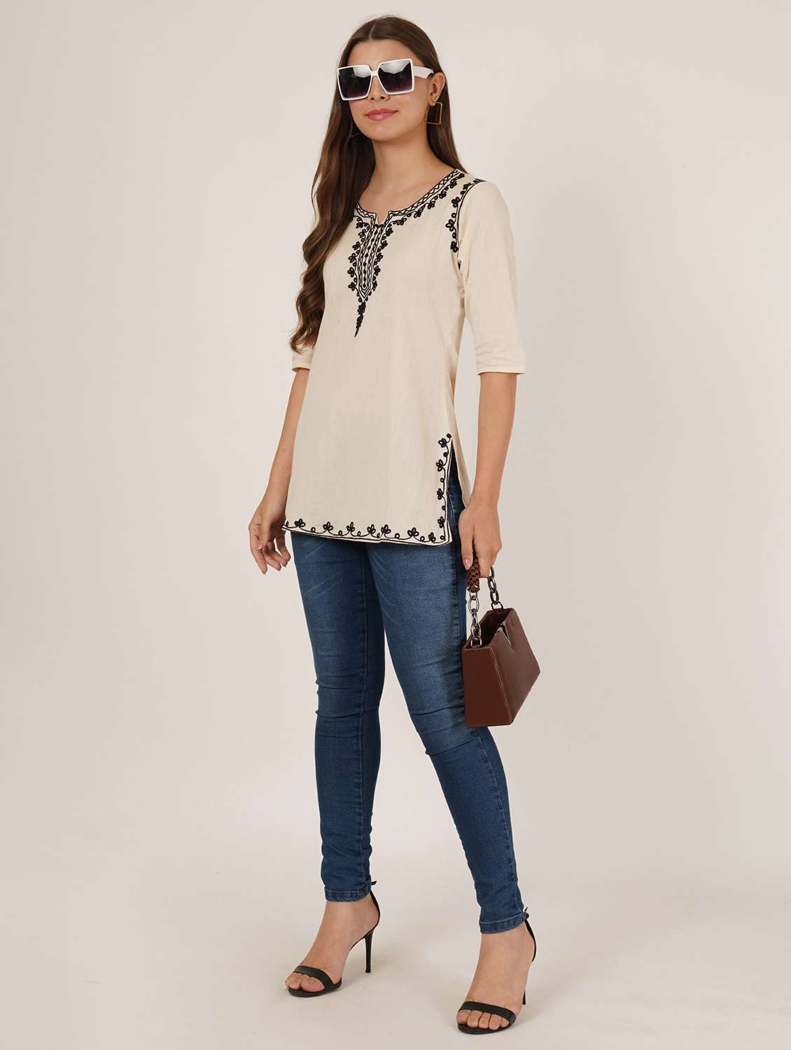 women embroidered three quarter sleeve straight kurti - 22460515 -  Standard Image - 4