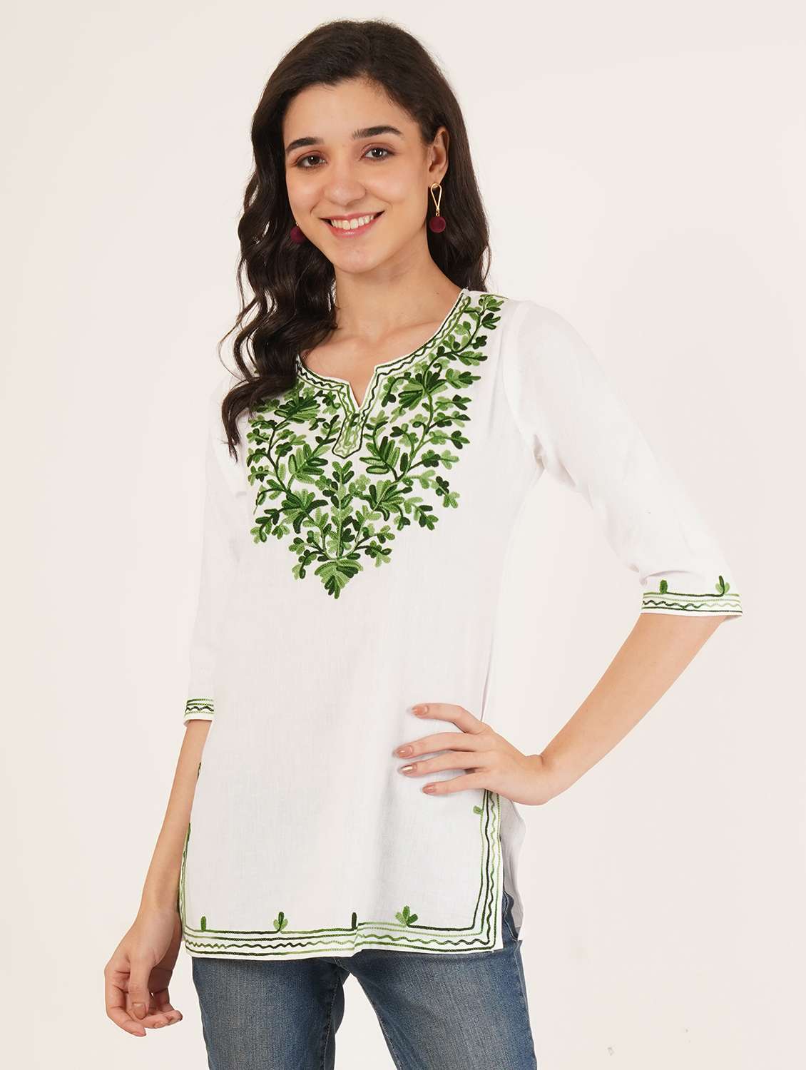 women embroidered three quarter sleeve straight kurti - 22460517 -  Standard Image - 1
