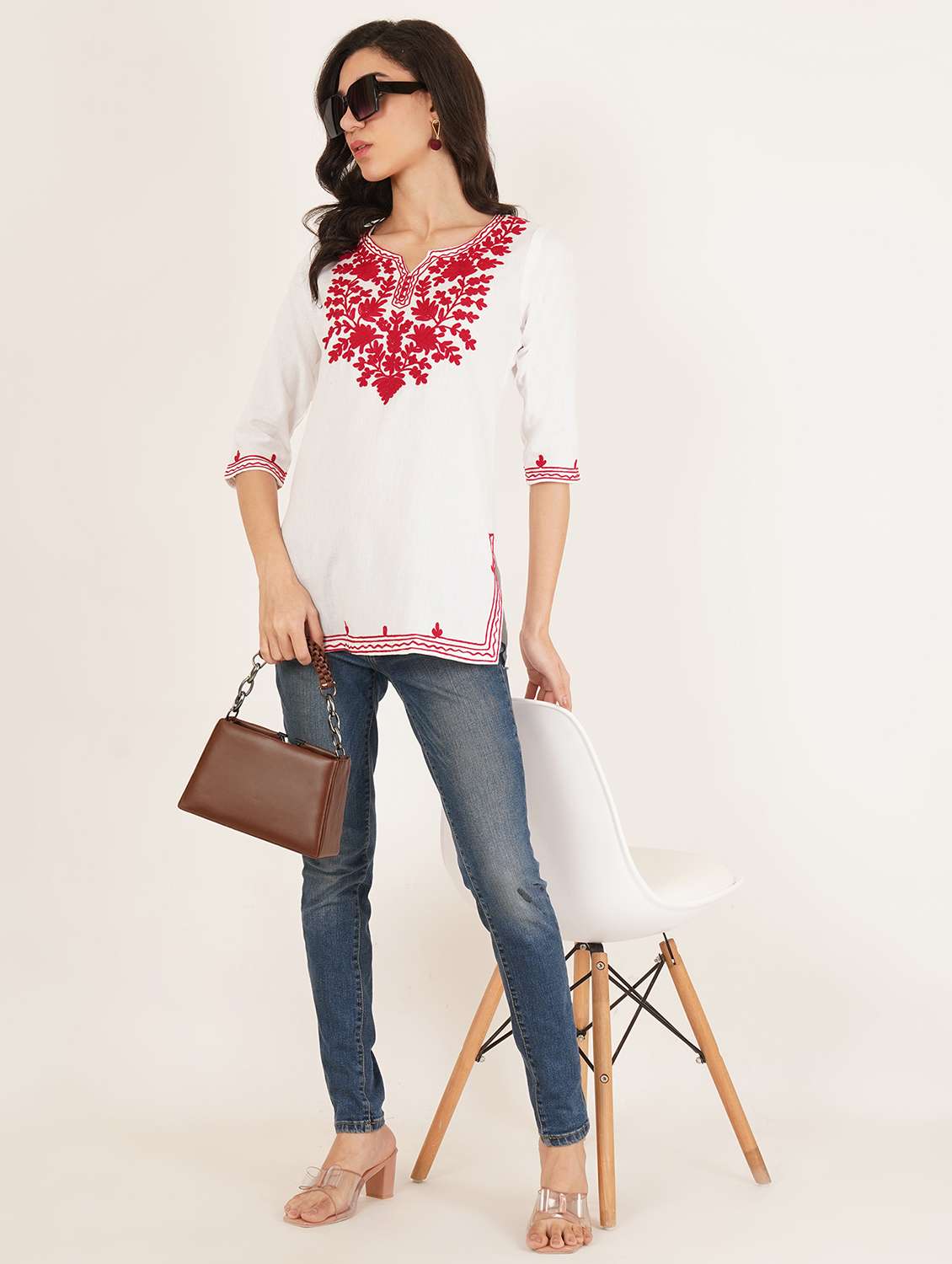 women embroidered three quarter sleeve straight kurti - 22460520 -  Standard Image - 4