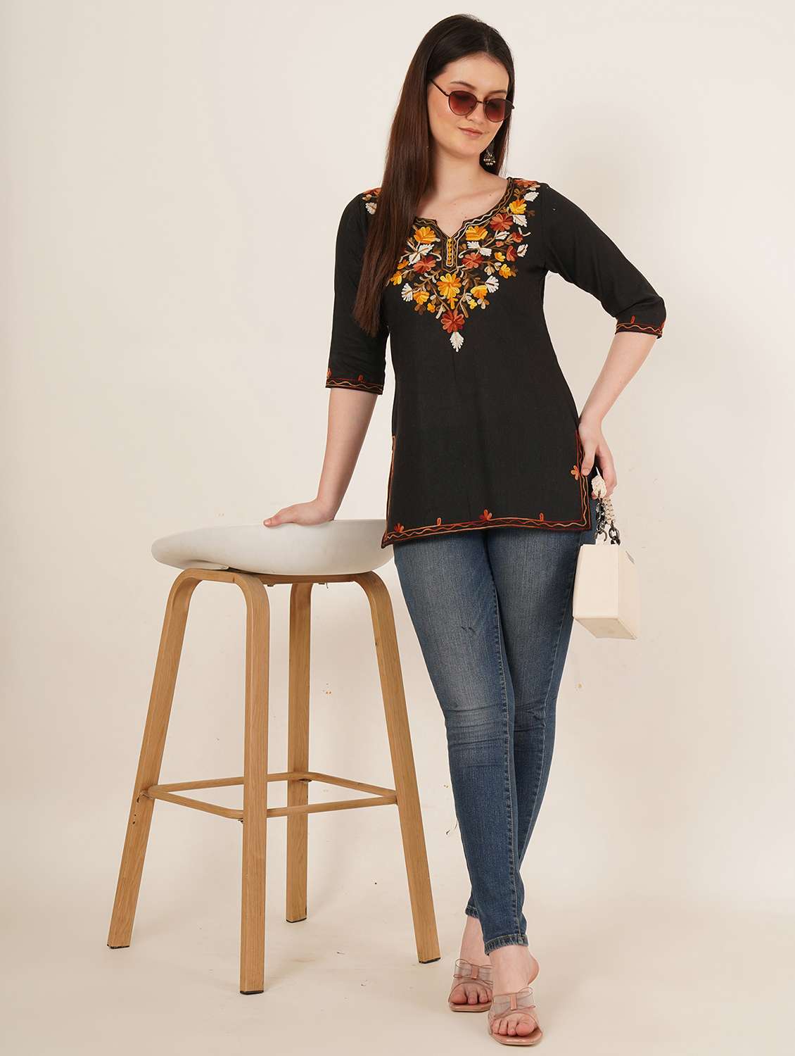 women embroidered three quarter sleeve straight kurti - 22460524 -  Standard Image - 4
