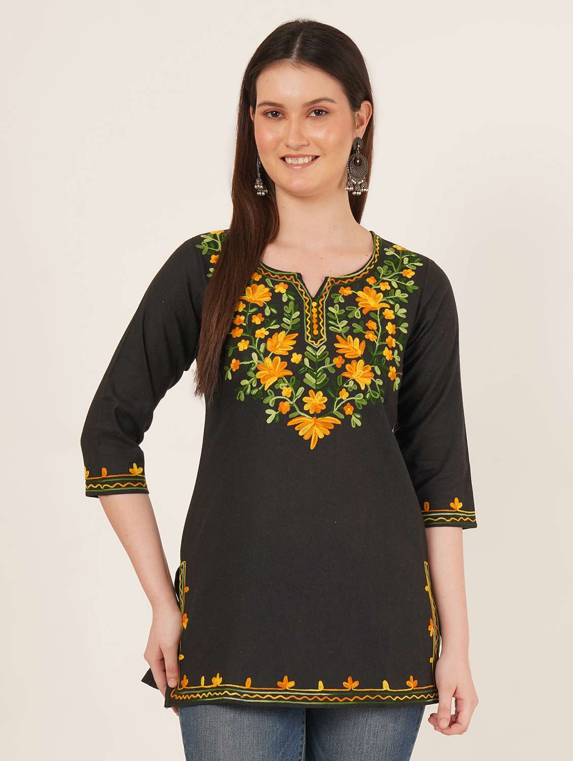 women embroidered three quarter sleeve straight kurti - 22460525 -  Standard Image - 1