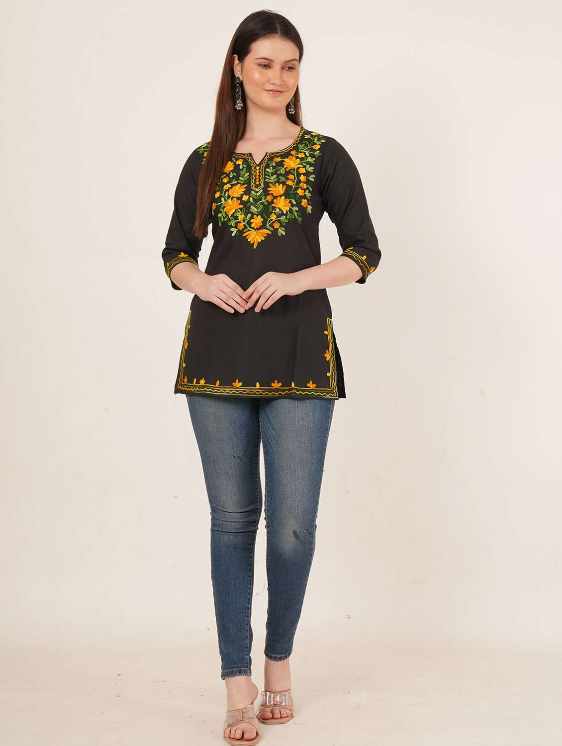 women embroidered three quarter sleeve straight kurti - 22460525 -  Standard Image - 4