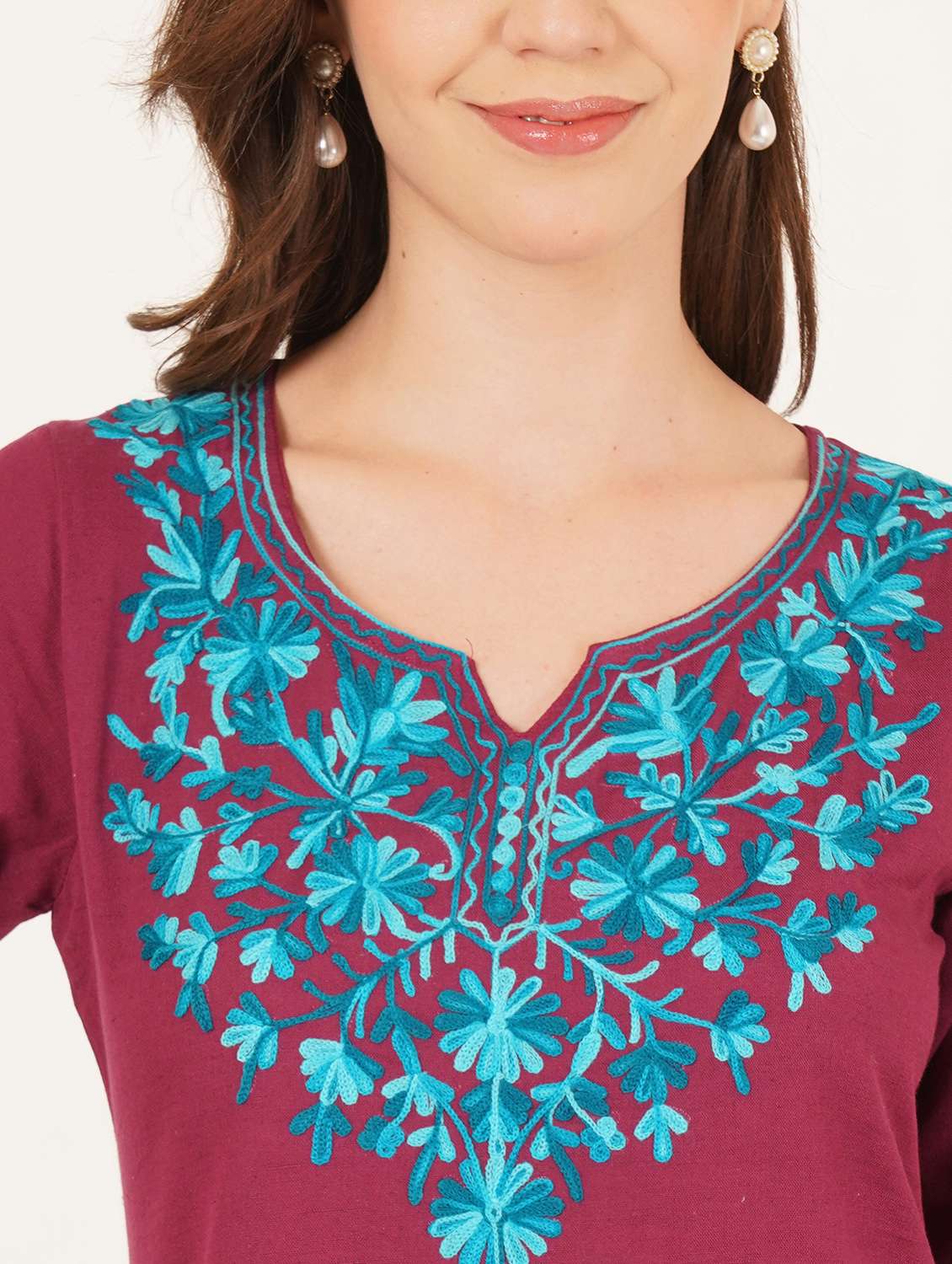 women embroidered three quarter sleeve straight kurti - 22460529 -  Standard Image - 1