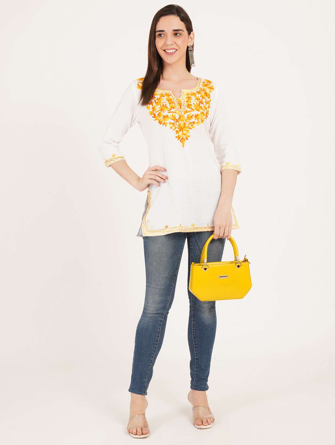 Women Embroidered Three Quarter Sleeve Straight Kurti - 22460532 -  Standard Image - 4