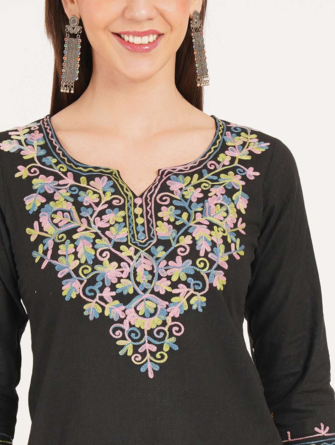 women embroidered three quarter sleeve straight kurti - 22460533 -  Standard Image - 1